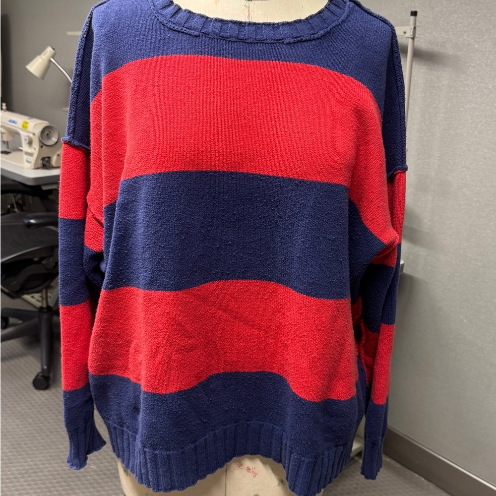 Entireworld Recycled Cotton Oversized Bold Red and Blue Striped Crewneck Sweater